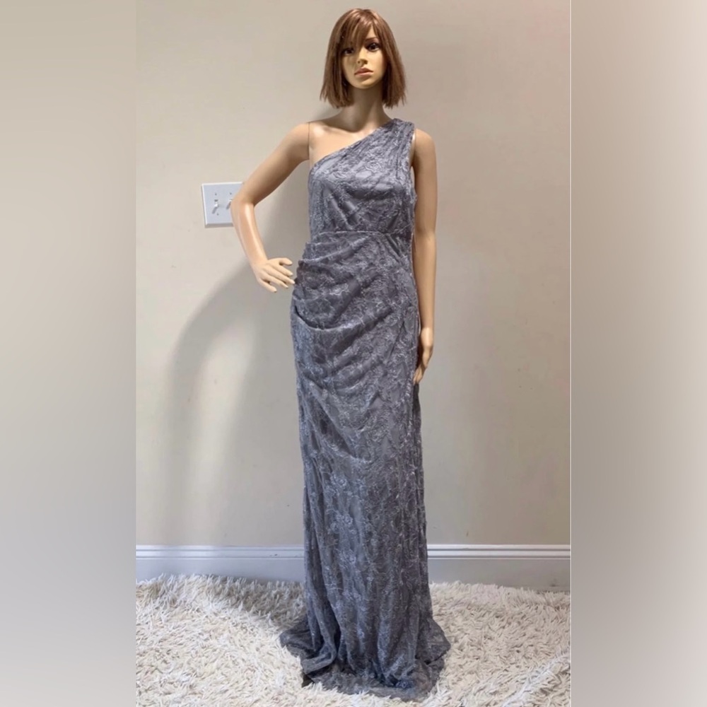 David Meister Gray Lace Embroidered Elegant One Shoulder Sleeveless Maxi Dress